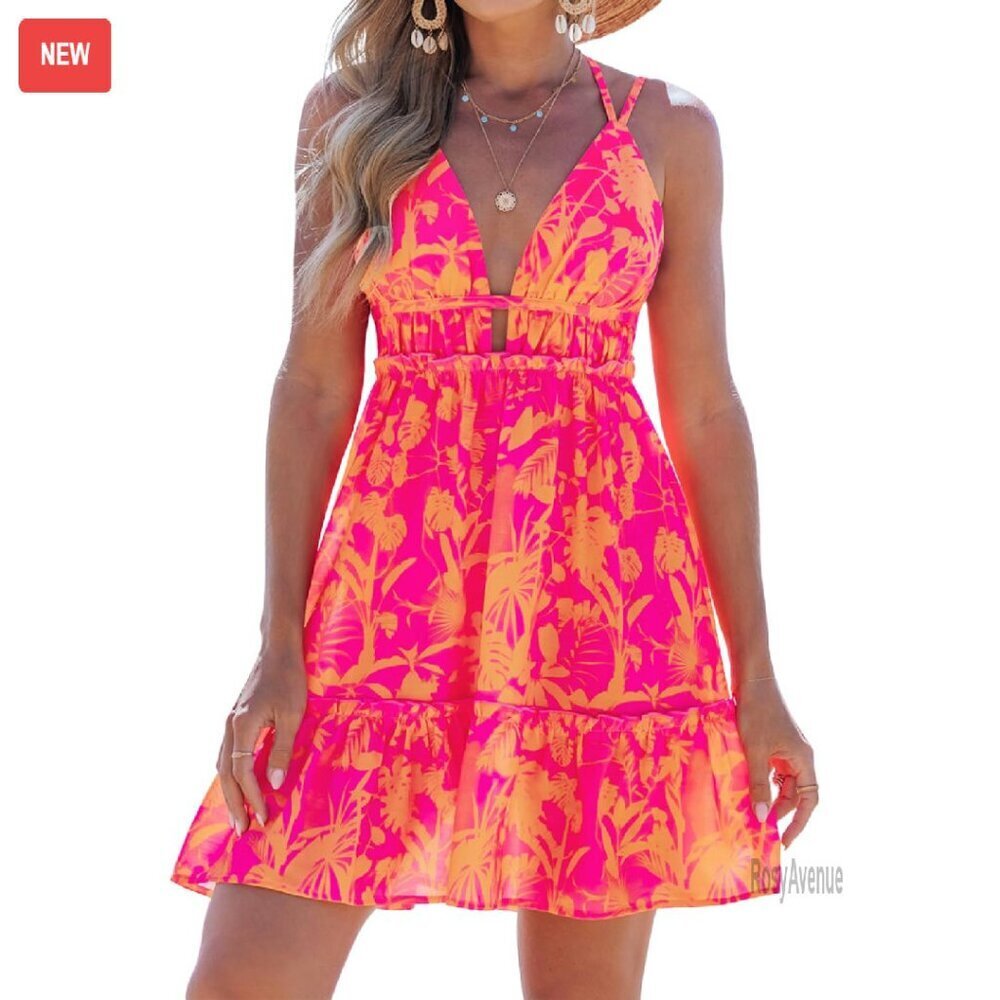 Summer Floral Midi Dress Sleeveless V-Neck Tiered Skirt Beach Coverup